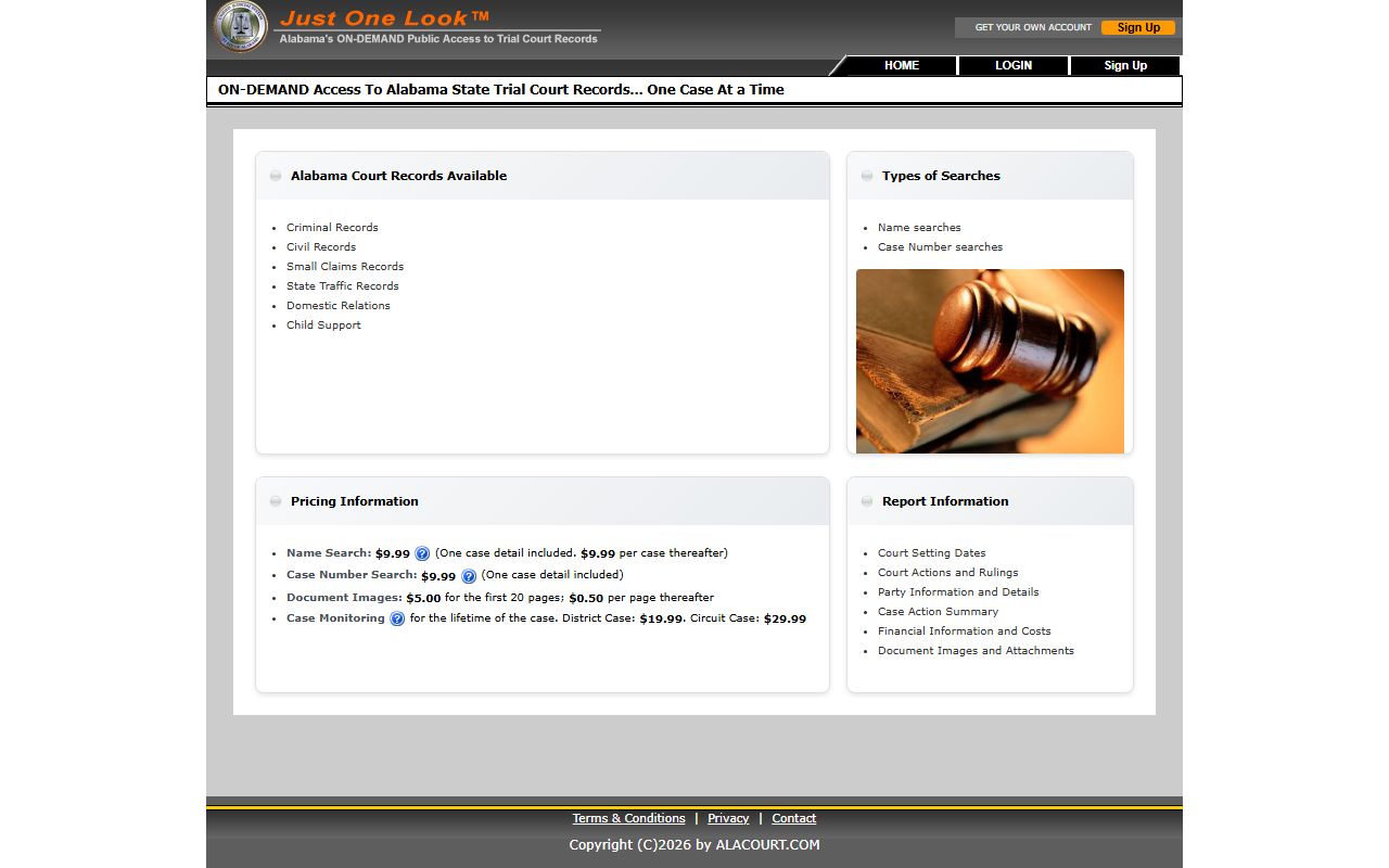 Alacourt ACCESS Just One Look portal showing Alabama trial court record search options