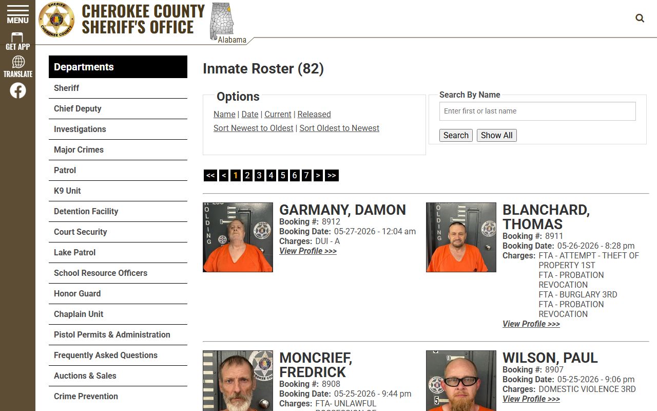 Cherokee County current inmate roster with mugshot thumbnails and booking details