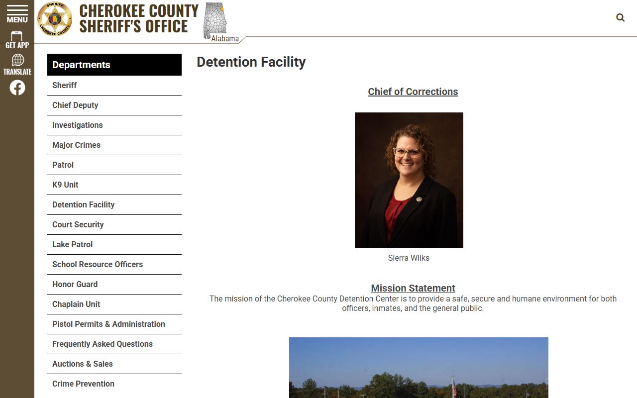 Cherokee County Detention Center facility page with jail roster visitation bond and inmate rules