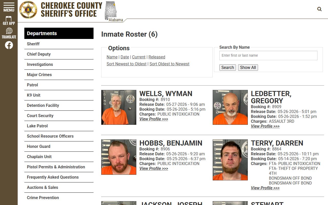 Cherokee County released inmate roster showing 48-hour release entries and mugshot thumbnails