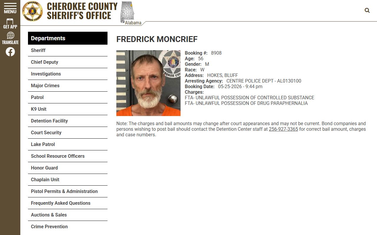 Cherokee County sample inmate profile showing booking photo and roster fields