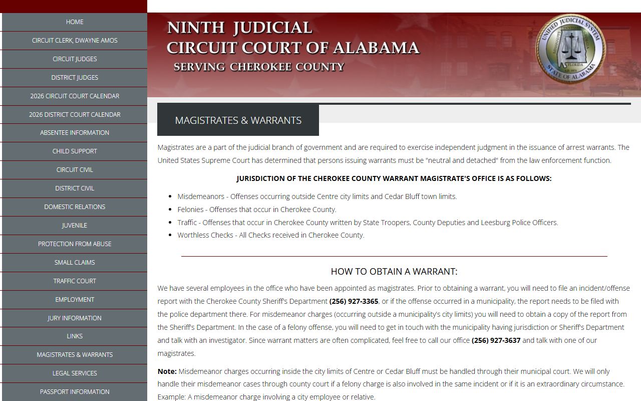 Cherokee County magistrates and warrants page with local warrant procedure